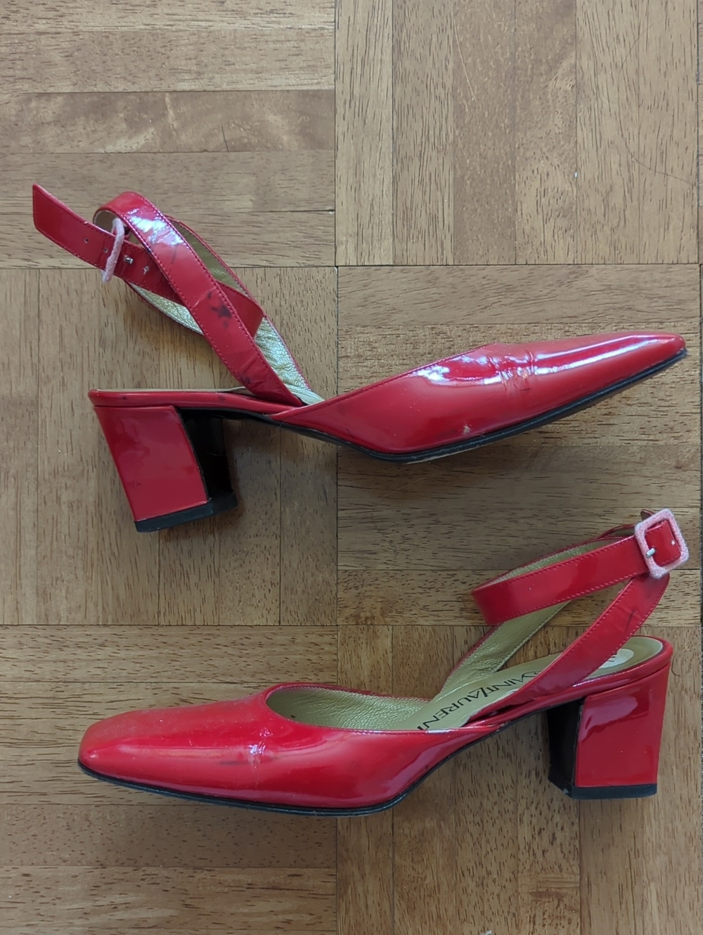 Yves Saint Laurent red patent low block heels
